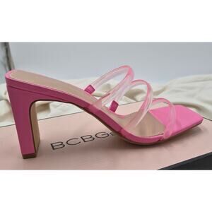 NEW BCBGeneration Falla strappy slide sandals clear straps block heel pink SZ 9